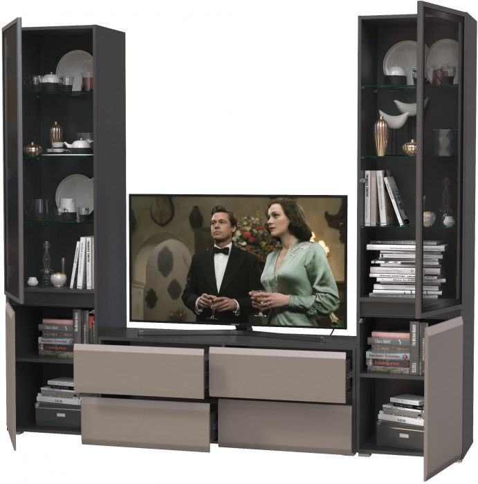 Сидней Комплектация № 011, цвет корпус: антрацит/фасады: МДФ веллюто капучино, ШхГхВ 229,9х41,3х205,2 см., ниша для ТВ 129х41х100 см., универс. сборка