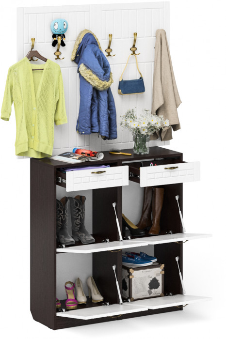 Прихожая П-6 Компоновка № 04, венге/фасады МДФ белое дерево фрезеровка прованс