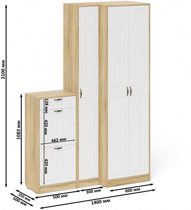 Прихожая П-6 Компоновка № 28, дуб сонома/фасады МДФ белое дерево фрезеровка прованс