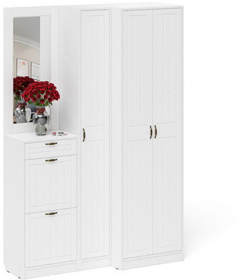 Прихожая П-6 Компоновка № 29, цвет белая шагрень/фасады МДФ белое дерево фрезеровка прованс, ШхГхВ 140х50х210 см., универсальная сборка