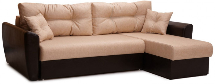 Диван-кровать угловой Амстердам, 150х200, еврокнижка, независимый пружинный блок, рогожка/экокожа, бежево-коричневый