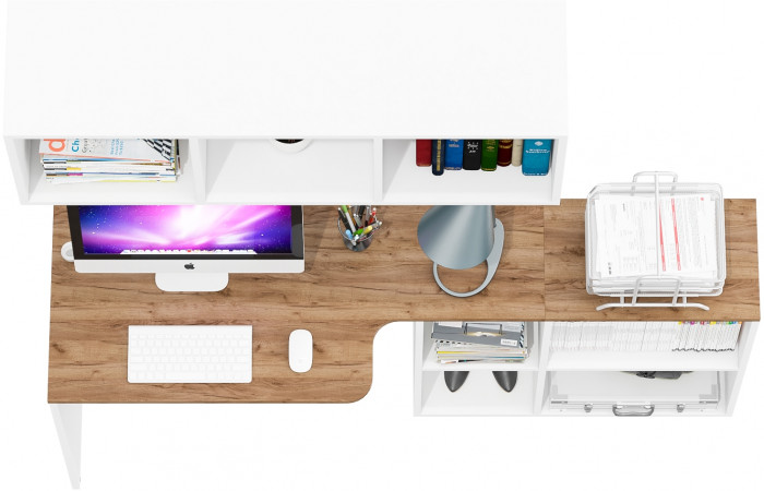 Лидер-8 Стол + Полка, белый шагрень/крафт золото