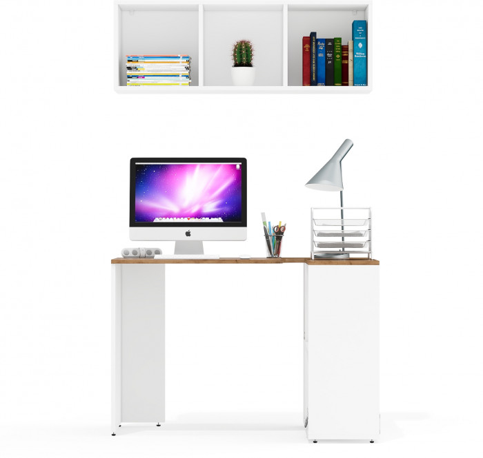 Лидер-8 Стол + Полка, белый шагрень/крафт золото