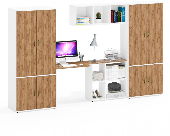 Лидер-8 Шкаф МД 20Б + Стол + Полка + Шкаф МД 19Б, белый шагрень/крафт золото