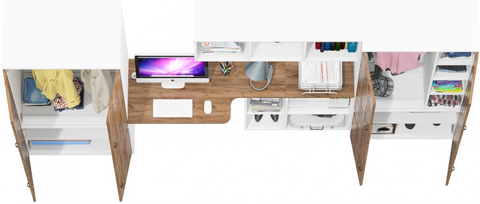 Лидер-8 Шкаф МД 20Б + Стол + Полка + Шкаф МД 19Б, белый шагрень/крафт золото