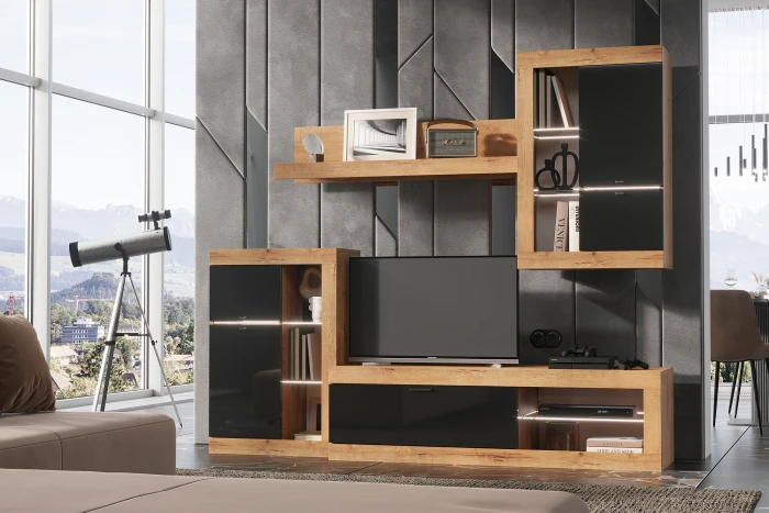 Прага Модульная Гостиная, вариант №1, Дуб Вотан/Черный глянец