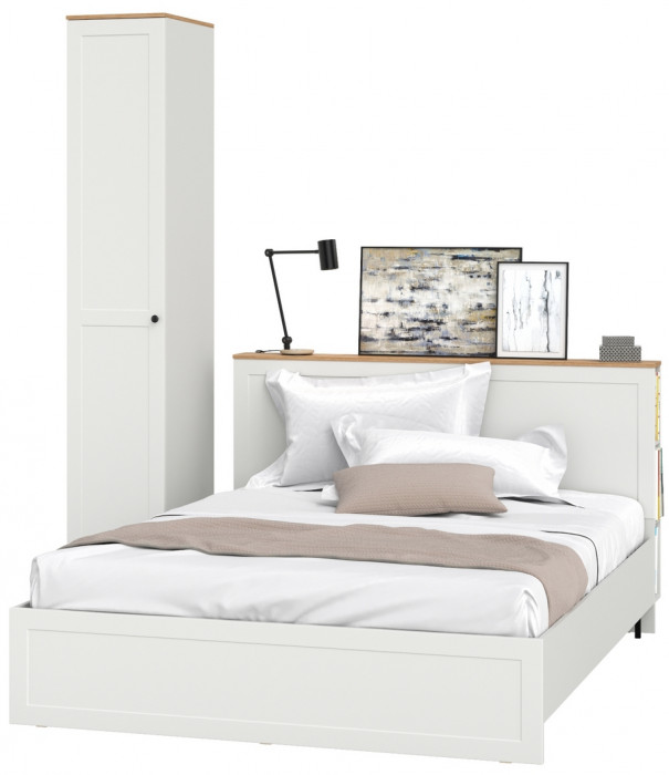 Остин 11.53 Кровать + ортопед + 13.225 Шкаф-пенал, белый шагрень/дуб крафт золотой
