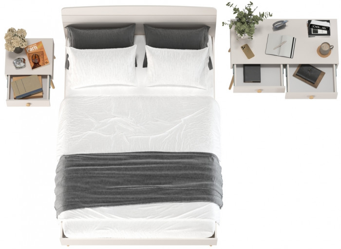 Афина Спальня Кровать 1400 + Стол + Тумба, цвет кашемир серый, ШхГхВ 144,6х210,2х95,7 + 100х45х76 + 45х37х45 см., 1400х2000 мм., б/м, осн. есть