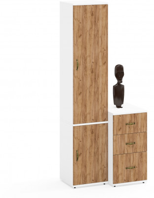 Лидер-8 Пенал МД 22Б + Тумба МД 3.16, цвет белый шагрень/крафт золото, ШхГхВ 80х50х190 см., универсальная сборка