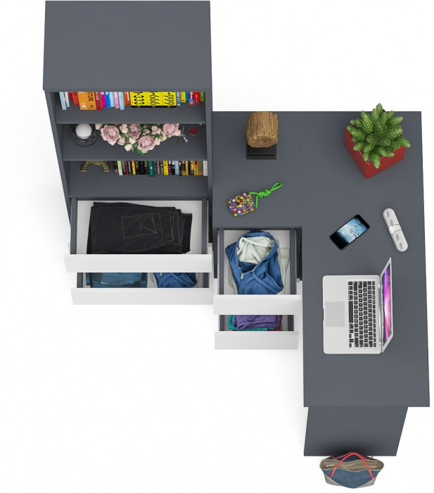 Мори Стол компьютерный МС-16 левый + Стеллаж МСТ600.3, цвет графит/белый, ШхГхВ 184,8х84,9х179,6 см., выдвижные ящики слева, НЕ универсальная сборка