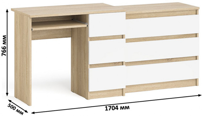 Мори Стол компьютерный МС-6 правый + Комод МК800.1, цвет дуб сонома/белый, ШхГхВ 170,4х50х76,6 см., выдвижные ящики справа, НЕ универсальная сборка