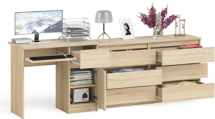 Мори компьютерный стол МС-1 правый + Комод МК1380.6, дуб сонома