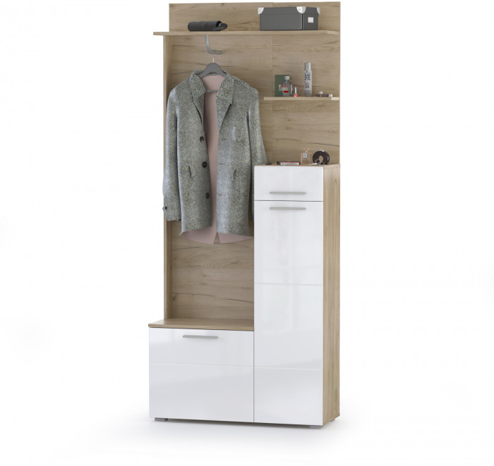 Лайн Прихожая № 09, цвет дуб крафт серый/фасады МДФ белый глянец, ШхГхВ 201,8х35,1х210 см., НЕ универсальная сборка