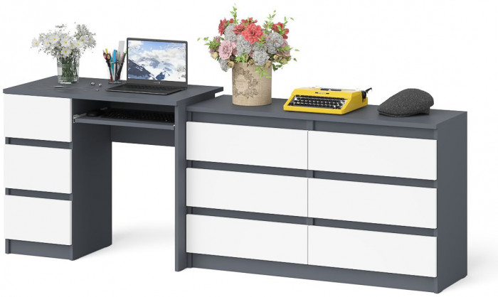 Мори компьютерный стол МС-6 левый + Комод МК1200.6, графит/белый