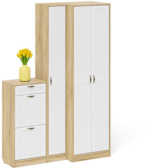 Прихожая П-6 Компоновка № 28, дуб сонома/фасады МДФ белое дерево фрезеровка ромб