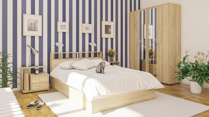 Камелия Кровать 1400 + две тумбы, дуб сонома