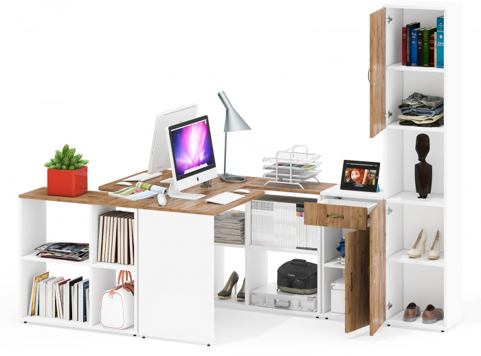 Лидер-8 Стол + Стол + Пенал + Тумба МД 3.15, белый шагрень/крафт золото