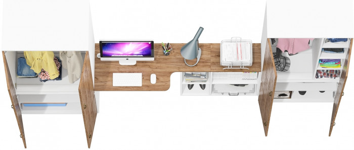 Лидер-8 Шкаф МД 20Б + Стол + Шкаф МД 19Б, белый шагрень/крафт золото