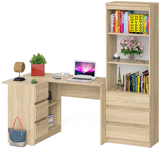 Мори Стол компьютерный МС-16 левый + Стеллаж МСТ600.3, цвет дуб сонома, ШхГхВ 184,8х84,9х179,6 см., выдвижные ящики слева, НЕ универсальная сборка
