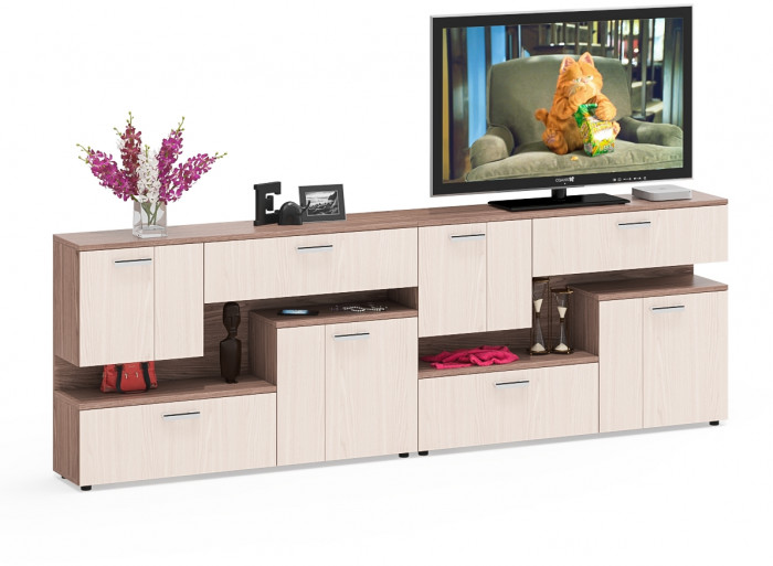 Две тумбы ТВ С-МД-С1-1400, цвет ясень шимо светлый/ясень шимо тёмный, ШхГхВ 280х30х93 см., НЕ универсальная сборка