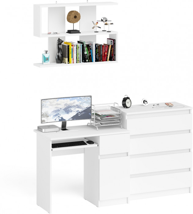 Мори Стол компьютерный МС-1 правый + Комод МК800.4 + Полка 900, цвет белый, ШхГхВ 170,4х50х209,6 см., НЕ универсальная сборка