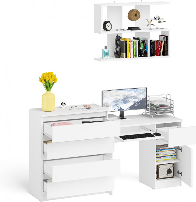 Мори Стол компьютерный МС-1 правый + Комод МК800.4 + Полка 900, цвет белый, ШхГхВ 170,4х50х209,6 см., НЕ универсальная сборка