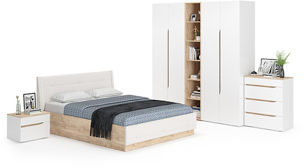 Муссон Спальня № 05, цвет белый/дуб эндгрейн элегантный/искусственная кожа белая, подъёмный ортопед, сп. м. 1600х2000 мм., б/м