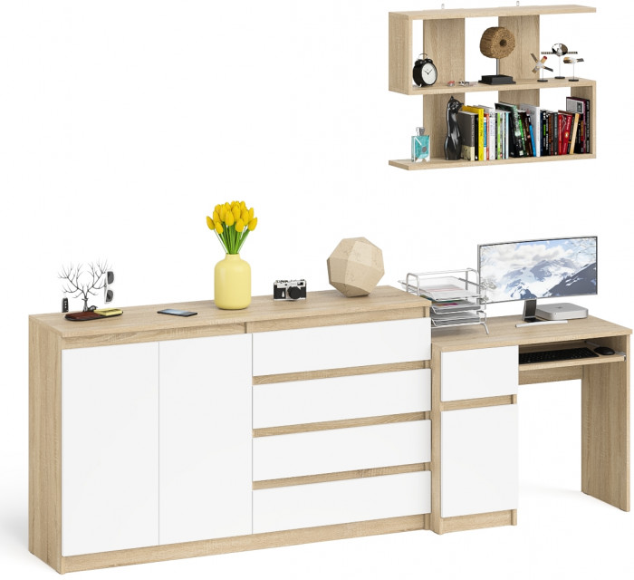 Мори компьютерный стол МС-1 левый + Комод МК1600.1 + Полка 900, дуб сонома/белый