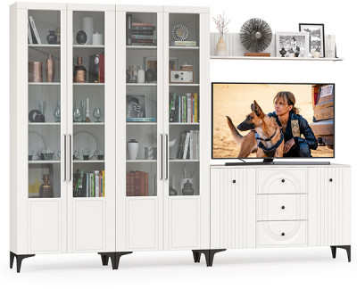 Валенсия Гостиная № 112, цвет ЛДСП белый шагрень/МДФ белый шагрень, ШхГхВ 301,4х38,4х225,2 см., универсальная сборка