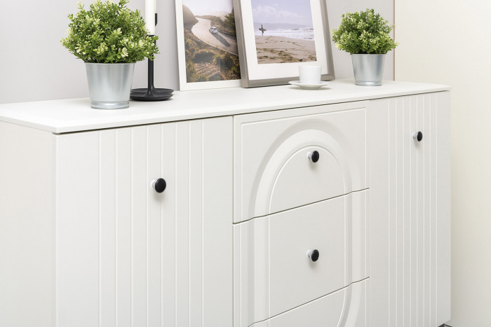 Валенсия Гостиная № 112, цвет ЛДСП белый шагрень/МДФ белый шагрень, ШхГхВ 301,4х38,4х225,2 см., универсальная сборка