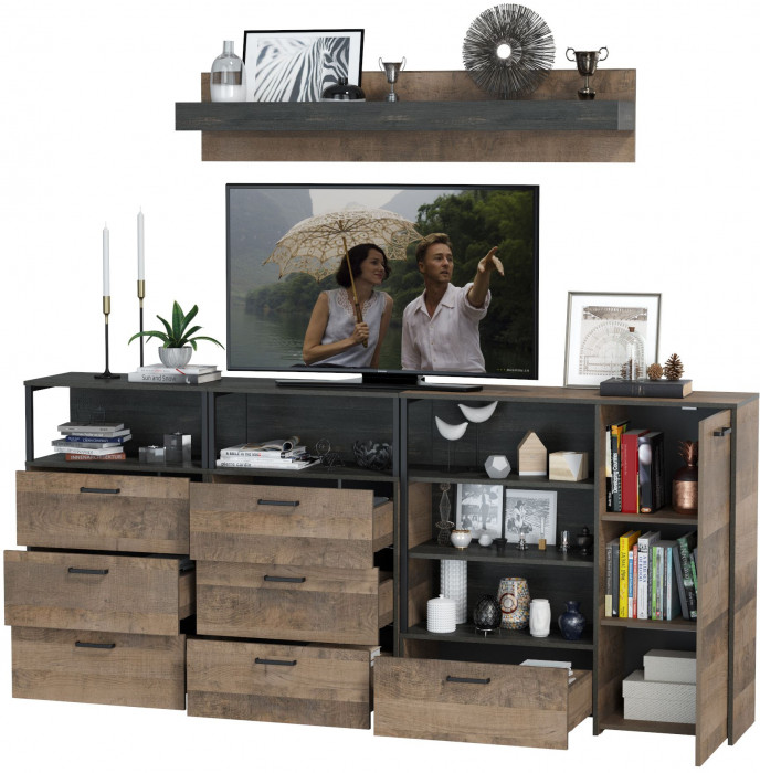 Трувор Гостиная 008, цвет дуб гранж песочный/интра, ШхГхВ 241х37х195 см., универсальная сборка