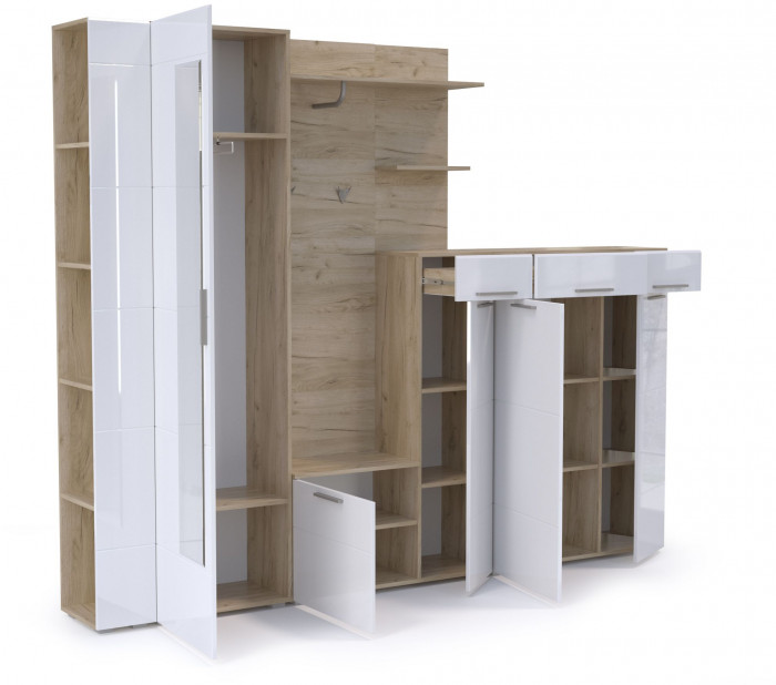 Лайн Прихожая № 11, цвет дуб крафт серый/фасады МДФ белый глянец, ШхГхВ 256,8х35,1х210 см., НЕ универсальная сборка