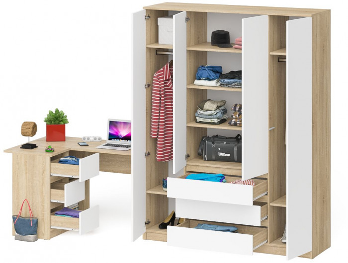 Мори компьютерный стол МС-16 левый + Шкаф МШ1600.1, дуб сонома/белый