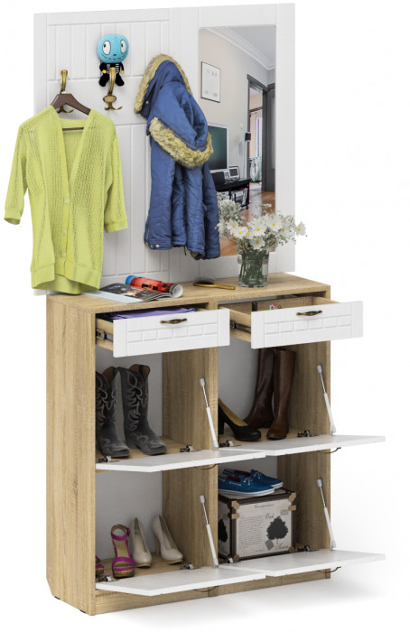 Прихожая П-6 Компоновка № 05, дуб сонома/фасады МДФ белое дерево фрезеровка прованс