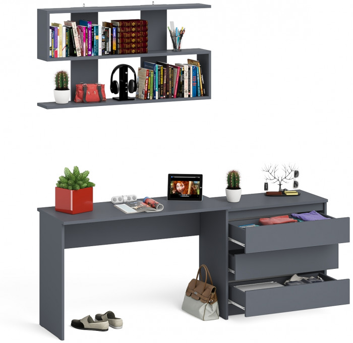Мори Стол письменный МСП1200.1 + Комод МК800.1 + Полка 1200, цвет графит, ШхГхВ 200,8х50х209,6 см., универсальная сборка