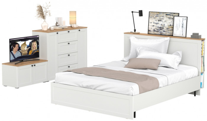 Остин 11.53 Кровать + ортопед + 16.221 Комод + 13.257 Тумба, белый шагрень/дуб крафт золотой