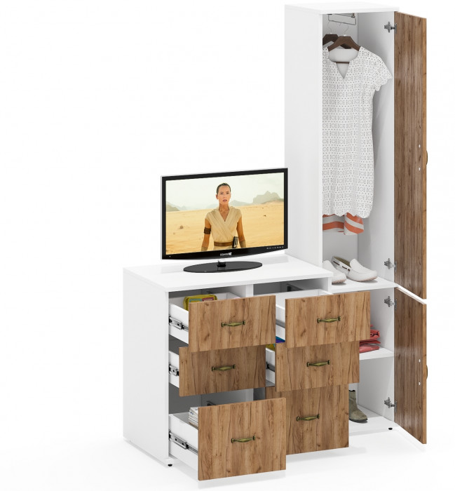 Лидер-8 Пенал МД 21Б + Тумба МД 3.16 + Тумба МД 3.16, цвет белый шагрень/крафт золото, ШхГхВ 120х50х190 см., универсальная сборка