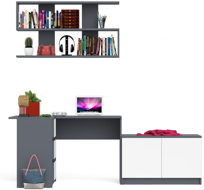 Мори Стол компьютерный МС-16 левый + Тумба МА900.1 + Полка 1200, цвет графит/белый, ШхГхВ 214,8х84,9х209,6 см., НЕ универсальная сборка