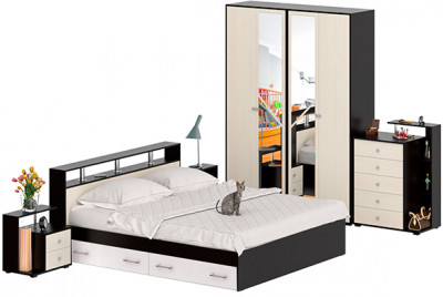 Камелия спальня № 11 Кровать с ящиками 1800 + Две тумбы + Комод + Шкаф 4-х створчатый, венге/дуб лоредо