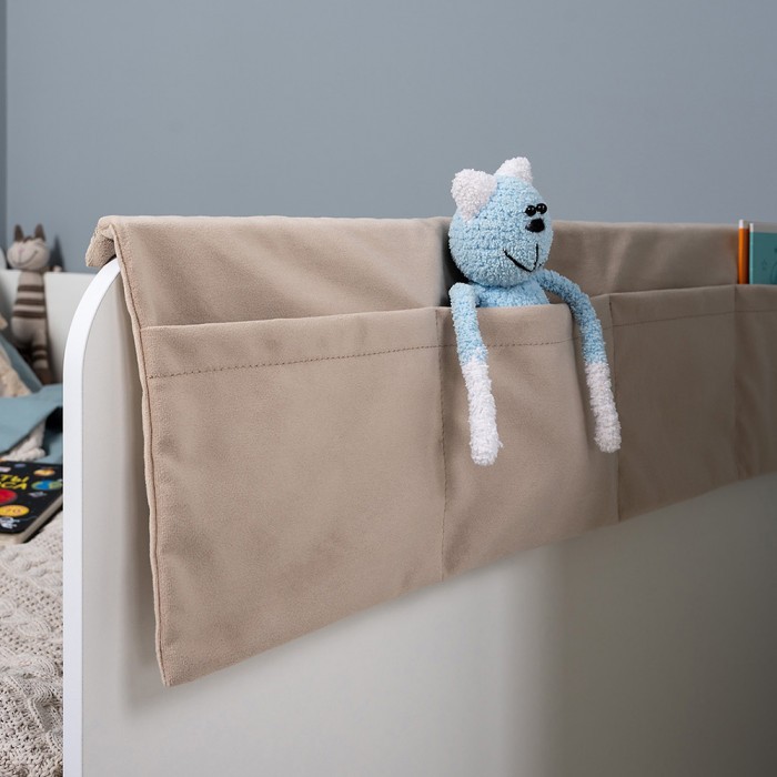 Джастин 11.55 Кровать + Накладка-карман, цвет белый шагрень/ткань серо-бежевая, ШхГхВ 163,8х84х70,6 см., сп. м. 800х1600 мм., б/м, основание есть