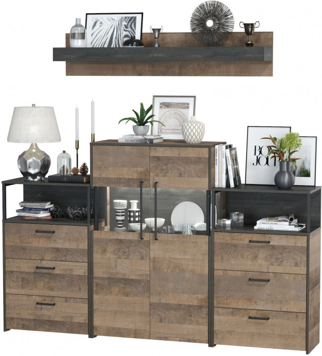 Трувор Гостиная 009, цвет дуб гранж песочный/интра, ШхГхВ 217,8х37х195 см., универсальная сборка, есть светодиодная подсветка