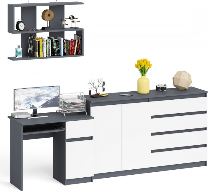Мори компьютерный стол МС-1 правый + Комод МК1600.1 + Полка 900, графит