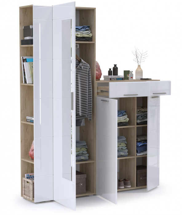 Лайн Прихожая № 12, цвет дуб крафт серый/фасады МДФ белый глянец, ШхГхВ 167х35х210 см., универсальная сборка