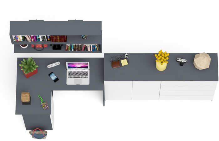 Мори компьютерный стол МС-16 левый + Комод МК1600.1 + Полка 1200, графит/белый