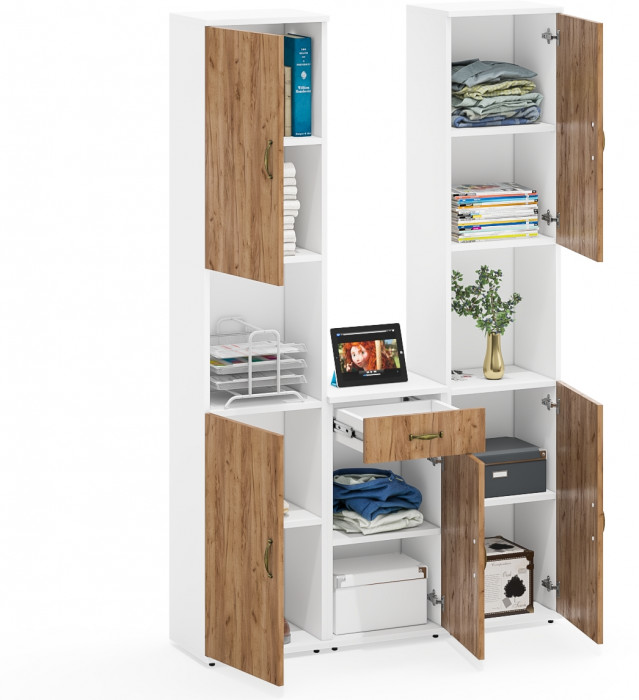 Лидер-8 Пенал + Пенал + Тумба МД 3.15, цвет белый шагрень/крафт золото, ШхГхВ 120х30х190 см., универсальная сборка