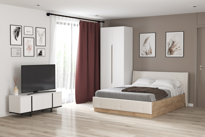 Муссон Спальня № 08, цвет белый/дуб эндгрейн элегантный/искусственная кожа белая, подъёмный ортопед, сп. м. 1600х2000 мм., б/м