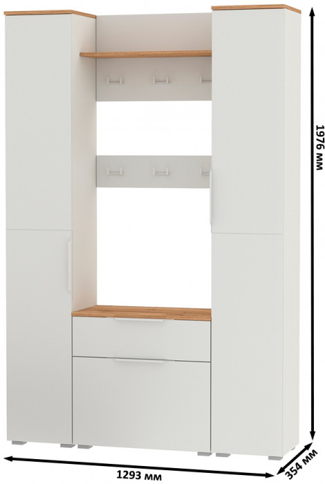 Октава Прихожая 20, цвет белый шагрень/дуб крафт золотой/фасады МДФ белый шагрень, ШхГхВ 129,3х35,4х197,6 см., универсальная сборка