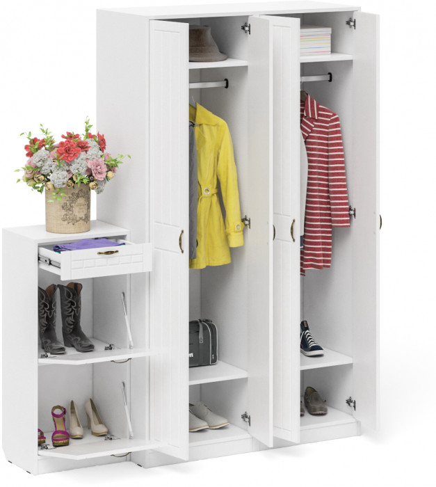 Прихожая П-6 Компоновка № 13, цвет белая шагрень/фасады МДФ белое дерево фрезеровка прованс, ШхГхВ 170х50х210 см., универсальная сборка