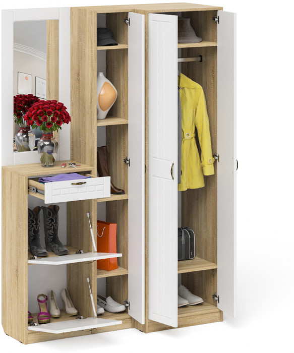 Прихожая П-6 Компоновка № 29, цвет дуб сонома/фасады МДФ белое дерево фрезеровка прованс, ШхГхВ 140х50х210 см., универсальная сборка