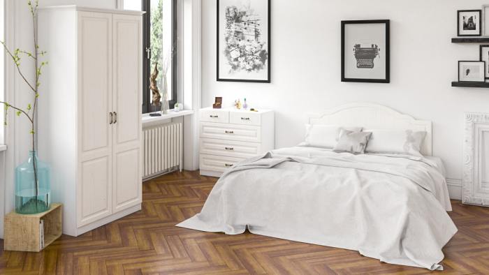 Ливерпуль Спальня № 4 Кровать 11.08ОСН + Шкаф 13.134 + карниз + Комод 10.103, ясень ваниль/белый